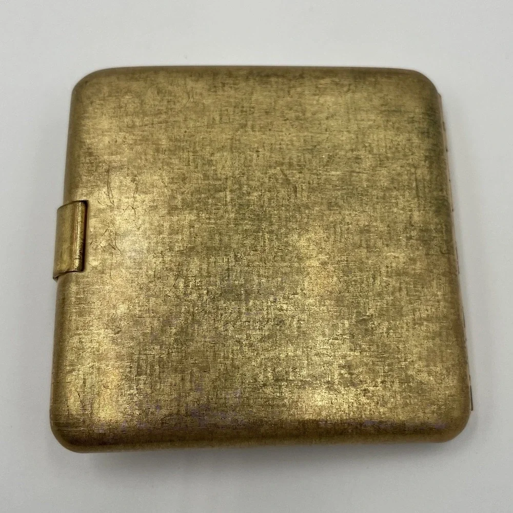 Vintage Gold Tone Metal Rhinestone Clasp Mirror Powder Compact Box Avon Imperial